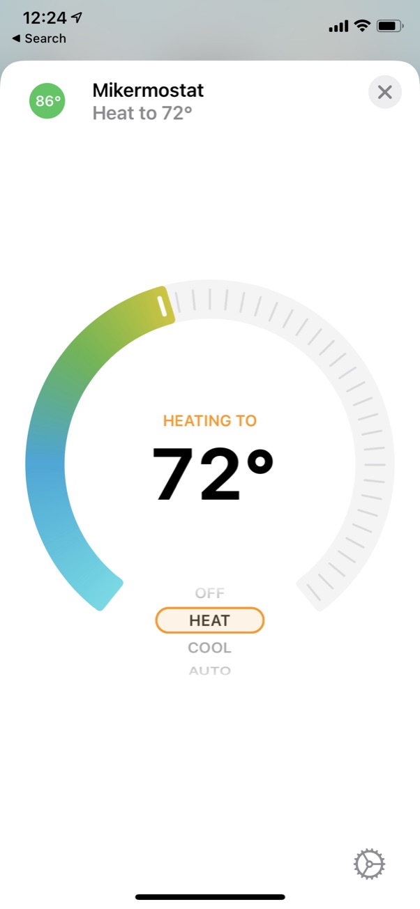 Homekit screenshot showing thermostat